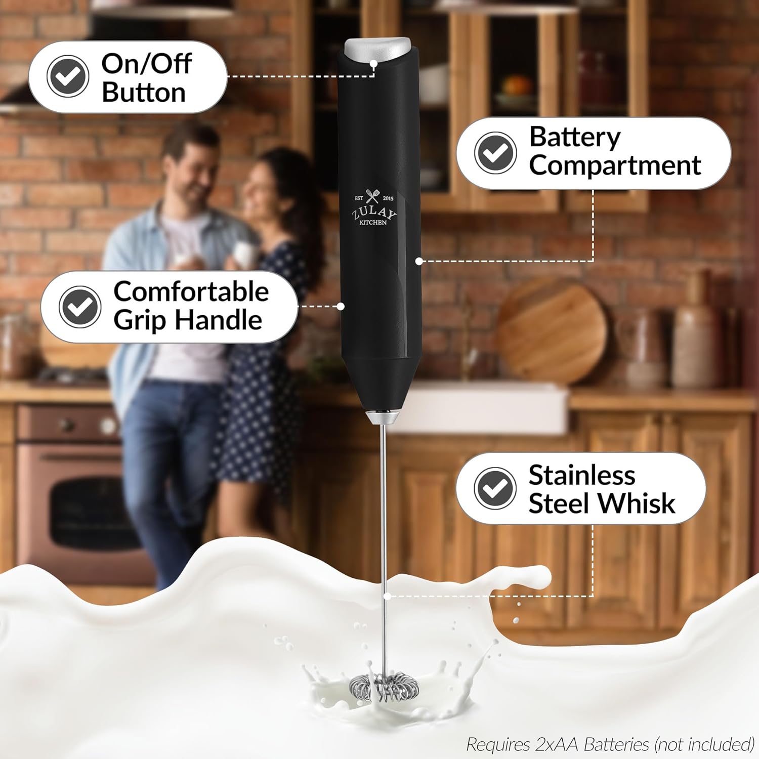 "Zulay Kitchen Milk Frother Wand, Stainless Steel, Battery-Operated for Coffee, Lattes, Matcha - Black"