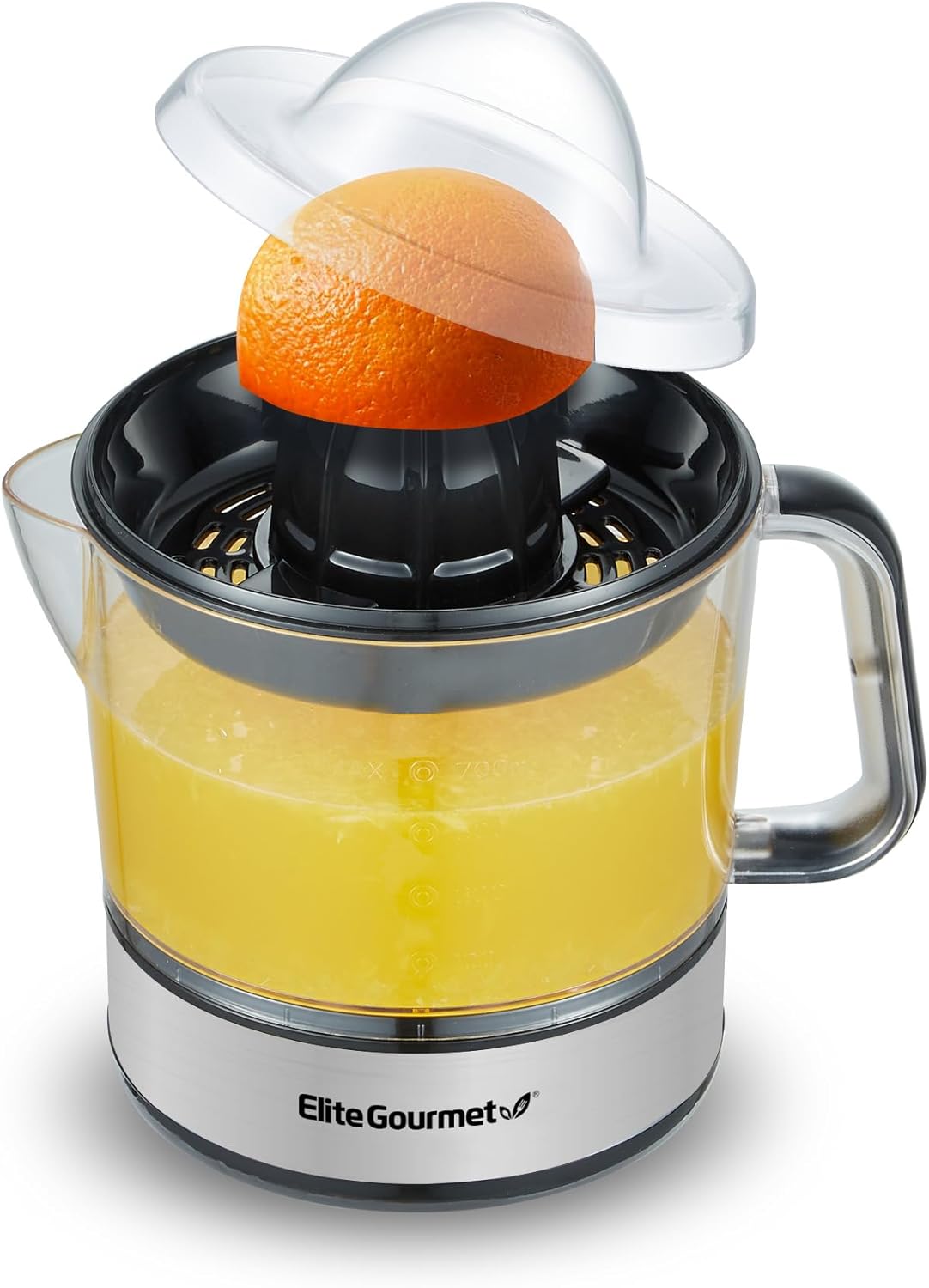 Elite Gourmet 24oz Electric Citrus Juicer | BPA-Free, Pulp Control, Easy Pour Spout, Black/Stainless Steel