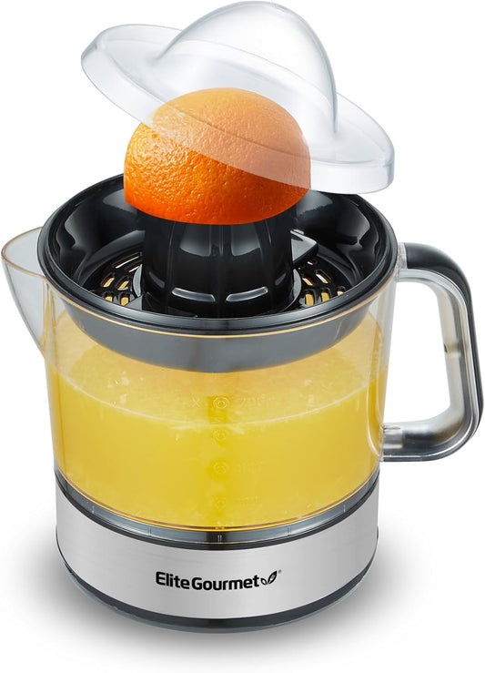 Elite Gourmet 24oz Electric Citrus Juicer | BPA-Free, Pulp Control, Easy Pour Spout, Black/Stainless Steel