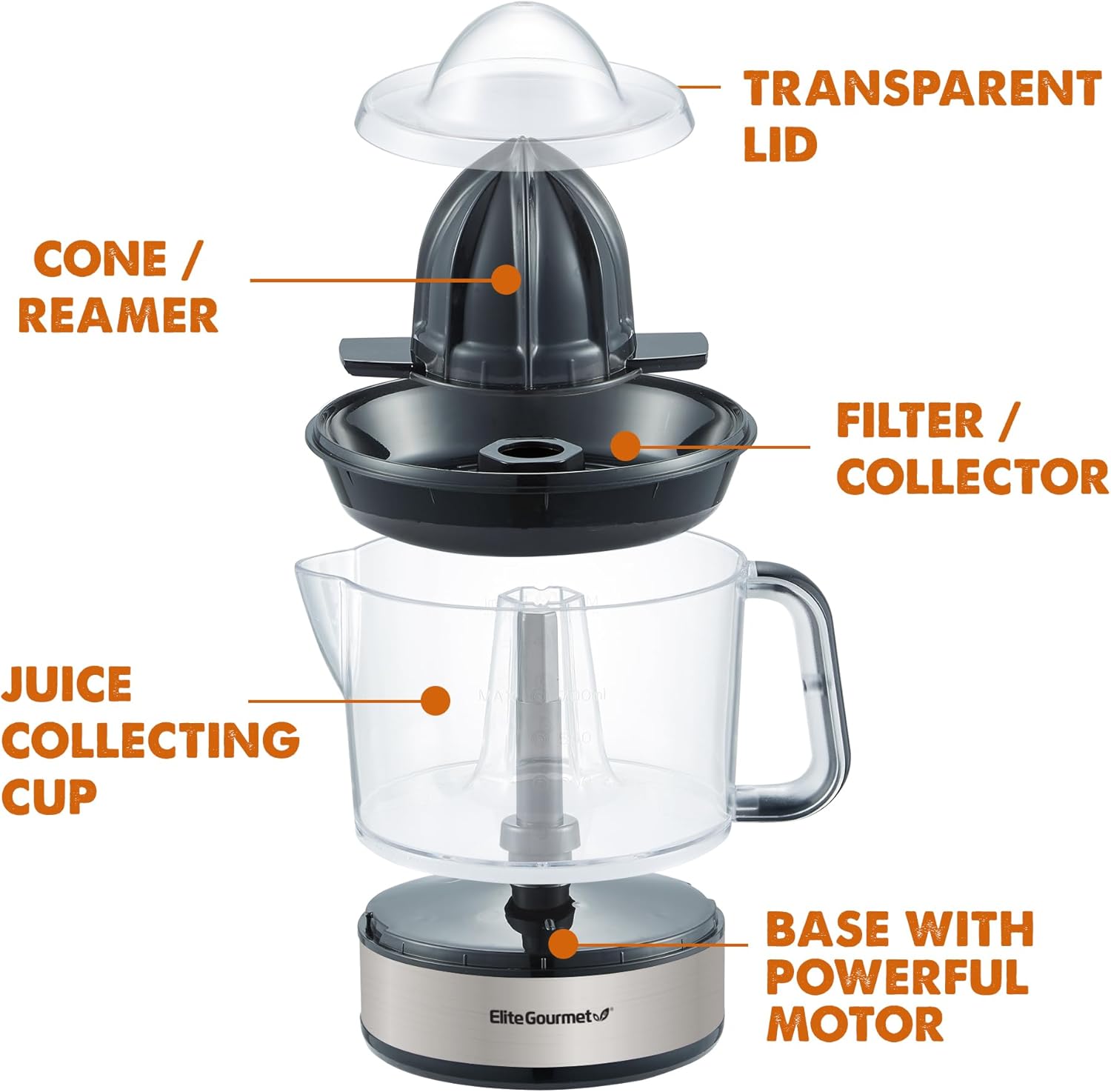 Elite Gourmet 24oz Electric Citrus Juicer | BPA-Free, Pulp Control, Easy Pour Spout, Black/Stainless Steel