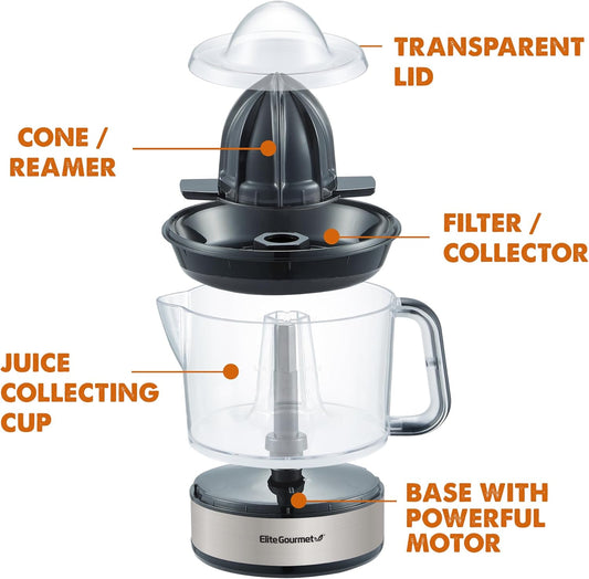 Elite Gourmet 24oz Electric Citrus Juicer | BPA-Free, Pulp Control, Easy Pour Spout, Black/Stainless Steel