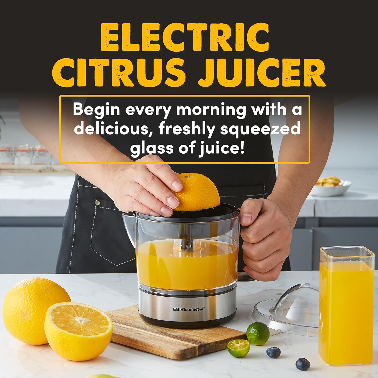 Elite Gourmet 24oz Electric Citrus Juicer | BPA-Free, Pulp Control, Easy Pour Spout, Black/Stainless Steel