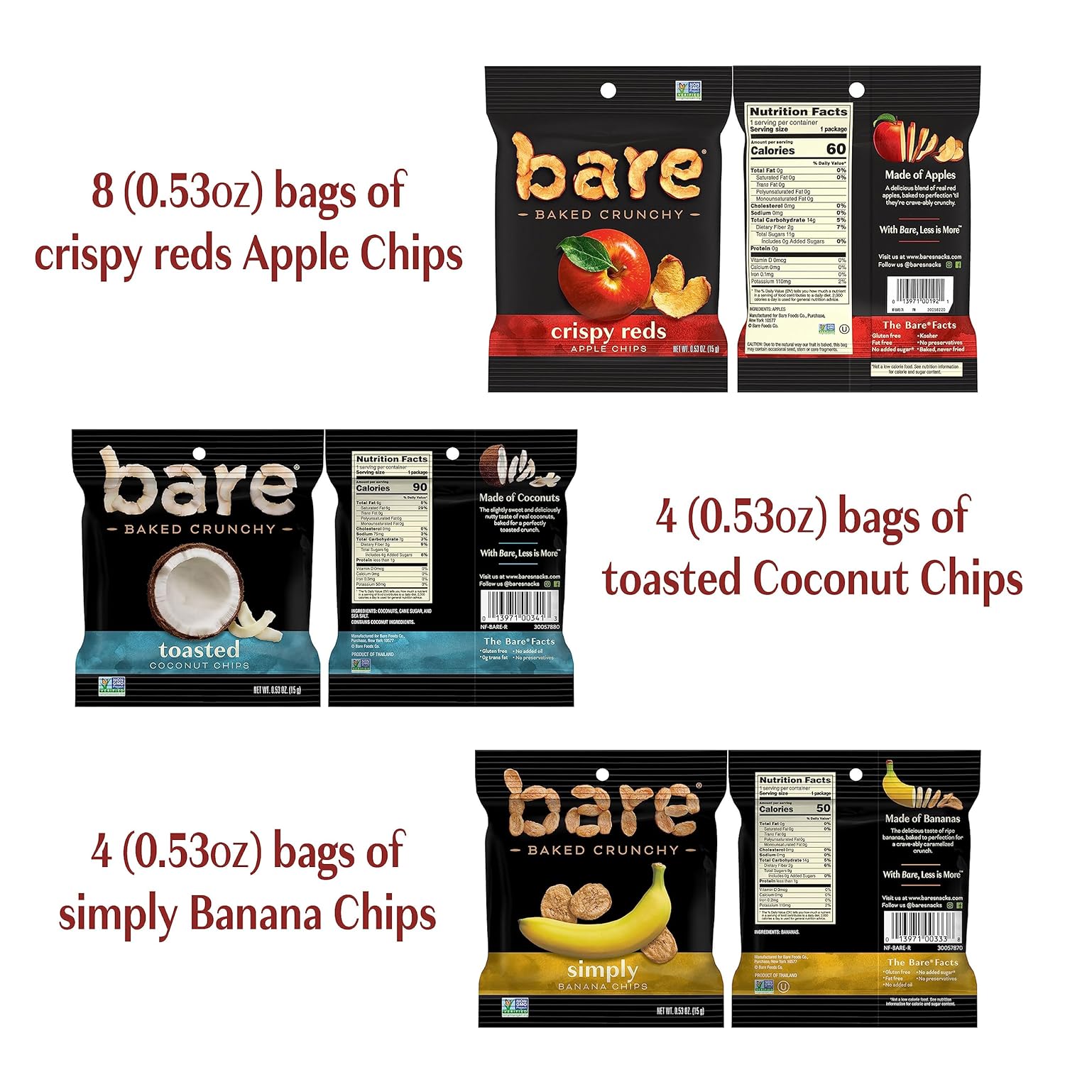 Bare Baked Crunchy, Fruit Variety Pack, 0.53 Ounce (Pack of 16)