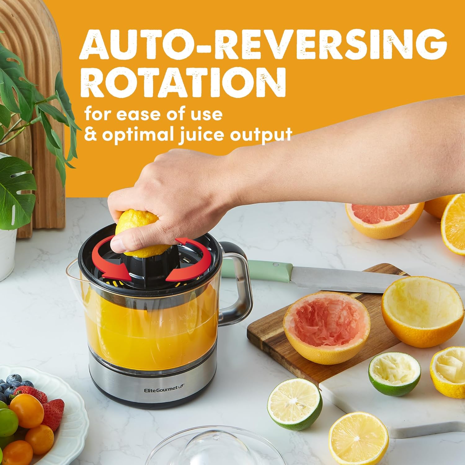 Elite Gourmet 24oz Electric Citrus Juicer | BPA-Free, Pulp Control, Easy Pour Spout, Black/Stainless Steel